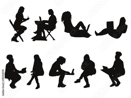 Corporate set, official women silhouette group, business woman set. Diverse silhouettes of women working on laptops.  Women working on laptops.  Silhouettes of women using laptops