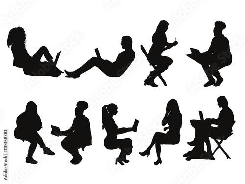 Corporate set, official women silhouette group, business woman set. Diverse silhouettes of women working on laptops.  Women working on laptops.  Silhouettes of women using laptops
