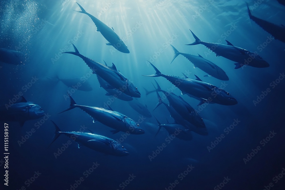 Obraz premium A mesmerizing underwater scene with a vibrant school of fish swimming in the deep blue ocean, showcasing marine biodiversity and the beauty of aquatic life.