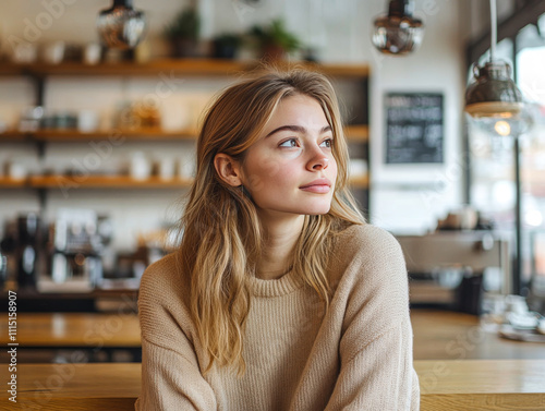 Content Woman Relaxing in Caf    with Modern Minimalist Design