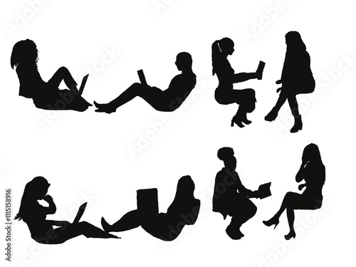 Corporate set, official women silhouette group, business woman set. Diverse silhouettes of women working on laptops.  Women working on laptops.  Silhouettes of women using laptops