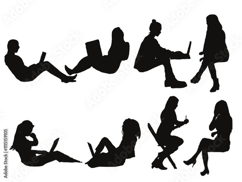 Corporate set, official women silhouette group, business woman set. Diverse silhouettes of women working on laptops.  Women working on laptops.  Silhouettes of women using laptops