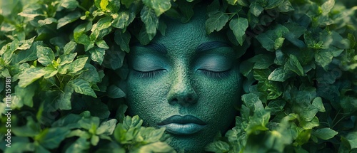 A serene human face blending with rich, verdant greenery, symbolizing ecotherapy and biophilia, showcasing the natural healing power of nature in promoting psychological health