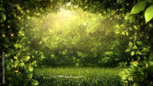 Lush green landscape framed by leaves, illuminated by soft light, creating a serene atmosphere.