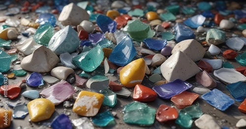 a colorful arrangement of broken glass and ceramics in a seemingly haphazard pattern , artistic disorder, chromatic chaos, fragmented textures