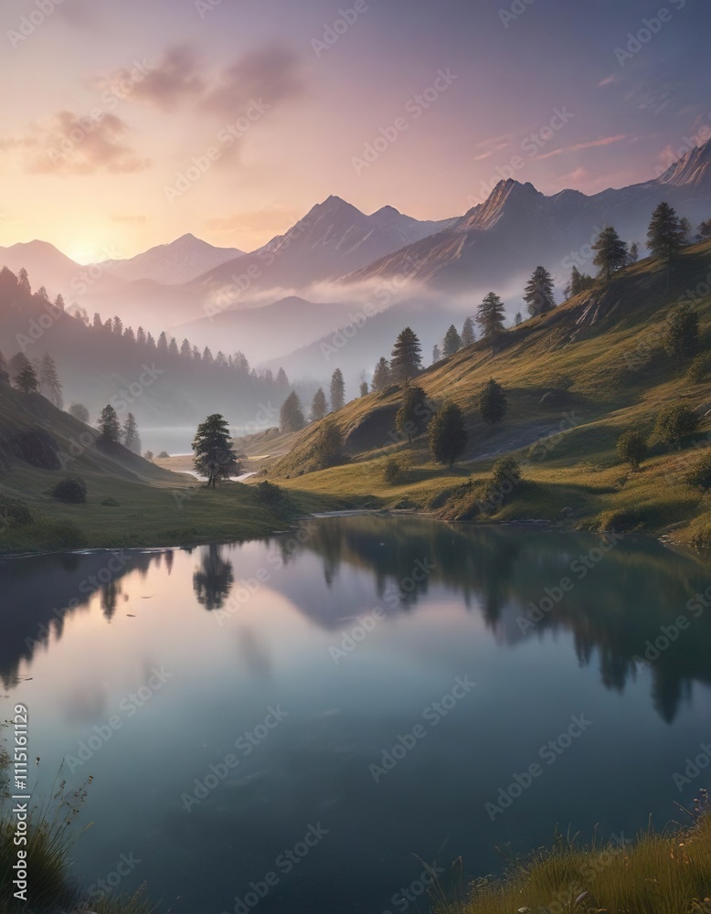 Fototapeta premium Dreamy landscape with rolling hills, misty mountains, and a serene lake at dusk, dreamy landscape, peaceful atmosphere