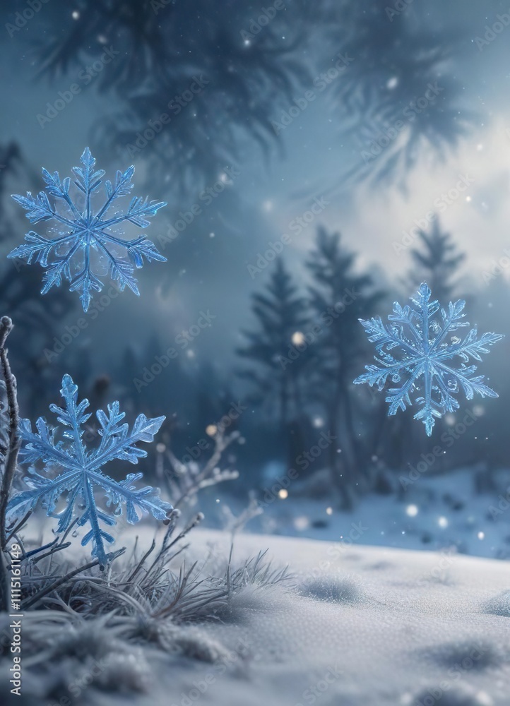 Fototapeta premium Ethereal blue snowflakes floating gently through a winter sky, gentle breeze, blue snowflakes, wintery wonderland