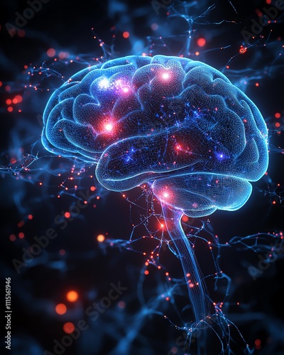 Illustration of Parkinson s Disease showing a human brain with neuron pathways fading, substantia nigra highlighted in red, detailed medical rendering photo