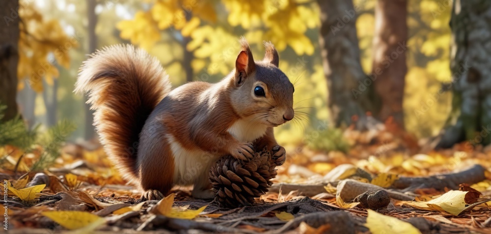 Fototapeta premium quick and agile squirrel darts through the fall foliage with a large pine cone clutched tightly in its paws, leafy canopy, tree branches