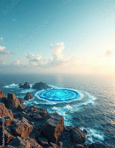 Zen electric blue ocean body seen from above with surrounding rocks, waveless surface, electrical blue color photo