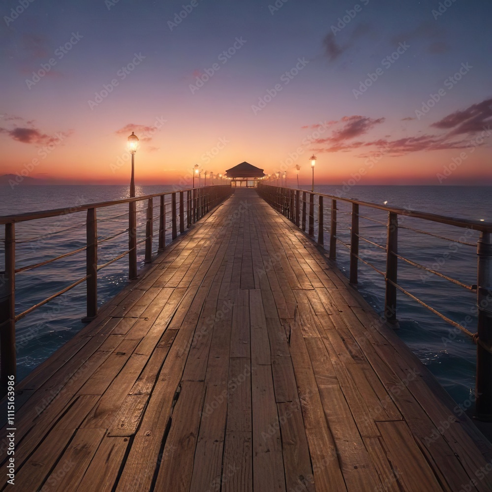 Obraz premium Dawn illumination on a long pier above the sea, beach, seafront