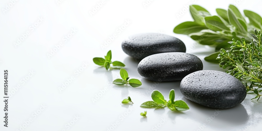 Neatly arranged black stones and green herbs on a clean white surface Neatly arranged black stones and green herbs on a clean white surface