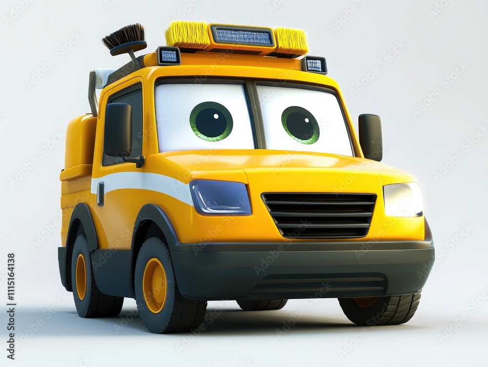 Naklejka premium Adorable Cartoon Street Sweeper Truck Cleans City Streets Efficiently and Joyfully.