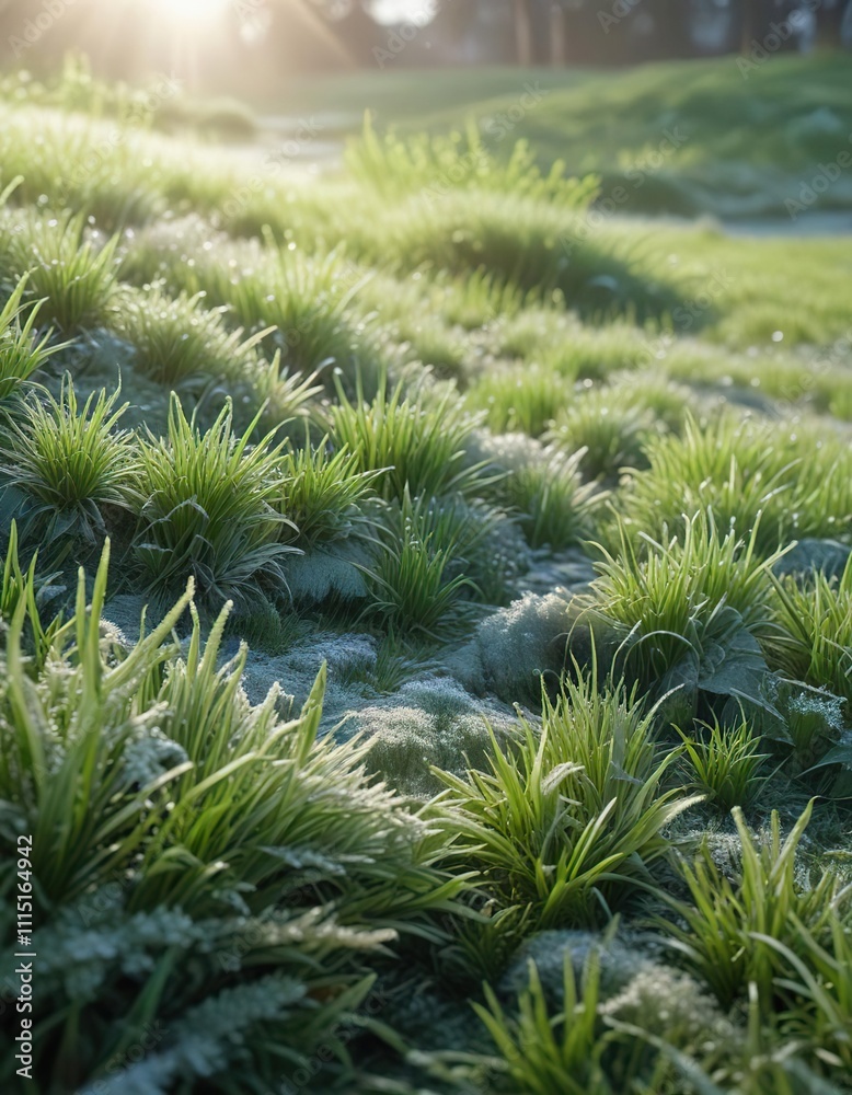 A delicate layer of frost on a bed of green grass in the early morning, landscape, peaceful scene, nature A delicate layer of frost on a bed of green grass in the early morning, landscape, peaceful scene, nature