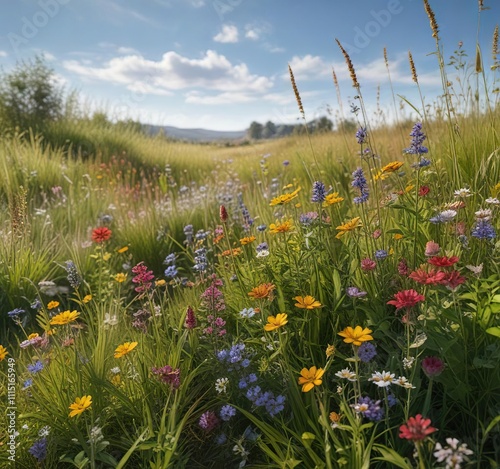 A colorful patchwork of wildflowers growing amidst tall grasses and weeds , wildflowers, nature's beauty, flowering plants