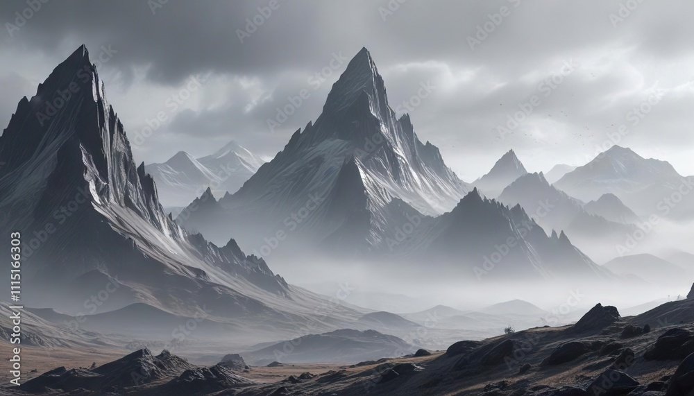 Fototapeta premium Rolling gray and misty landscape with an abstract futuristic mountain range in the background , atmosphere, gray
