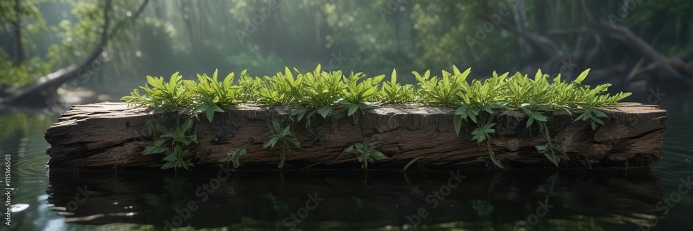 Obraz premium Alligator weed's rapid growth on a submerged log, log, leaf, invasive species