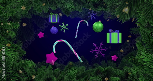 Image of stars over fir tree and christmas decorations on black background