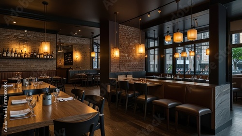 Stylish, dimly lit restaurant interior with exposed brick, comfortable seating, and warm lighting.