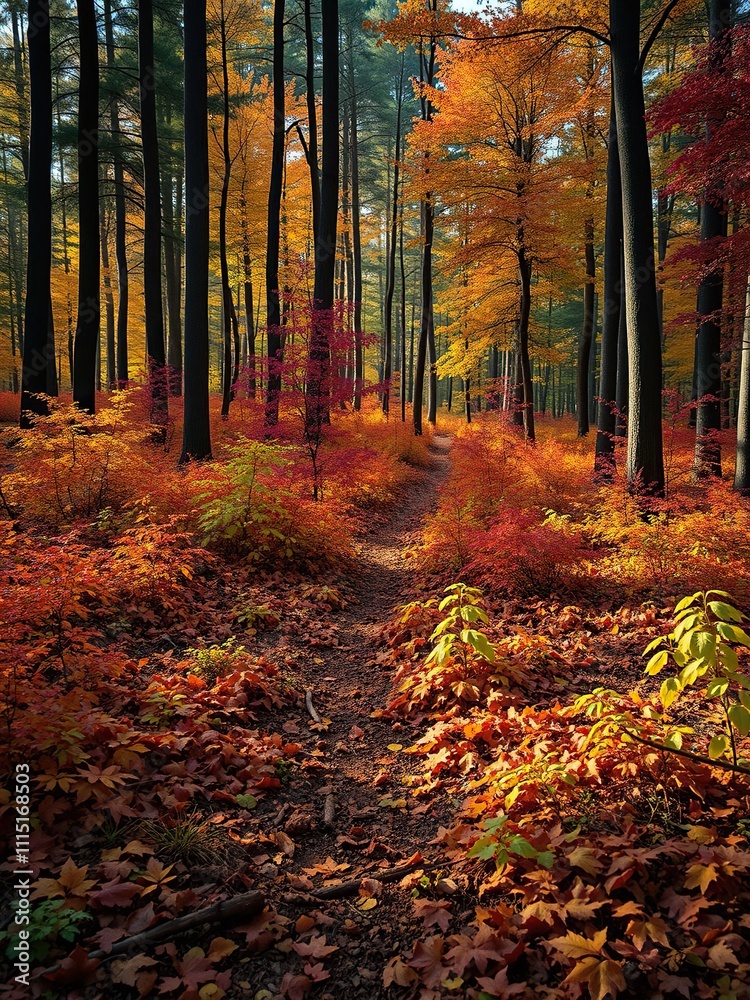 Obraz premium Forest floor ablaze with colors of changing seasons , earthy tones, woodland, autumn