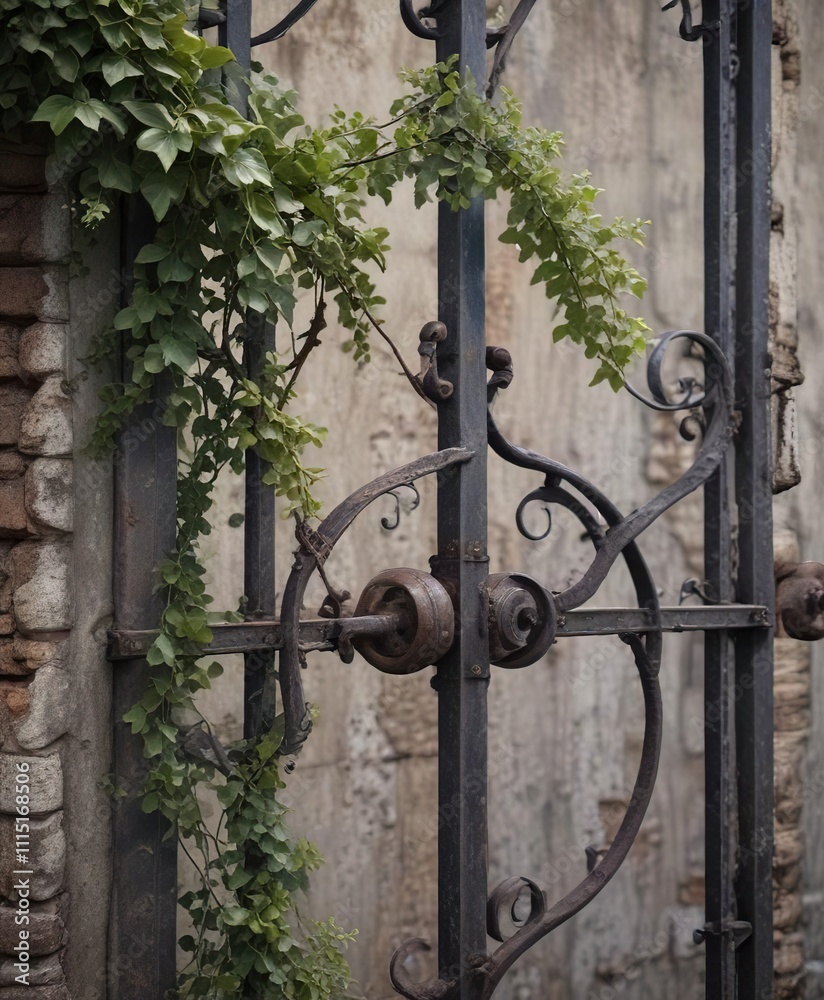 Fig vines curling around an aged metal gate post, fig, old, metal Fig vines curling around an aged metal gate post, fig, old, metal