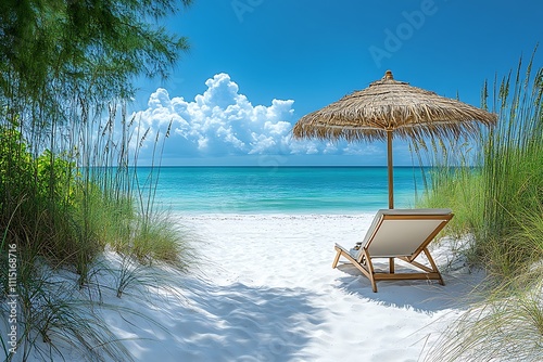 Two chairs under umbrella on stunning Caribbean beach
 photo