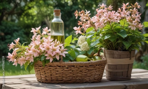 Fresh Aesculus carnea Briotii aesculus hippocastanum flowers and oil bottle in a garden basket, bouquet, oil, spring photo