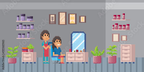 Hairdressers, barbers and customers during hair care, makeover in beauty salon. Pixel art, 80-s style