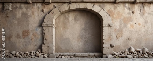 Ancient cement wall with arched niches and scattered stone debris, erosion, rubble photo