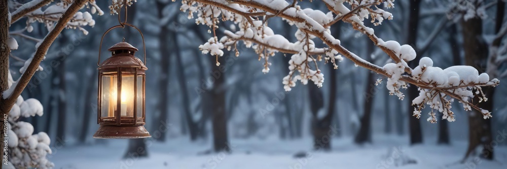 Snowy forest scene with a cinnamon-scented lantern hanging from a tree branch, tree branch, evergreen, lantern Snowy forest scene with a cinnamon-scented lantern hanging from a tree branch, tree branch, evergreen, lantern