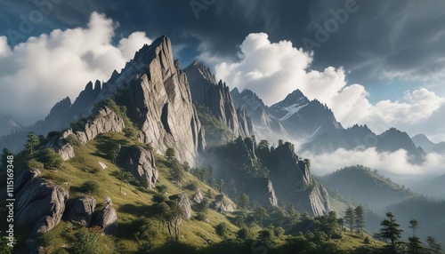 Clouds conceal the peaks of a rugged mountain range with dense undergrowth below, mountains, scenery, landscape