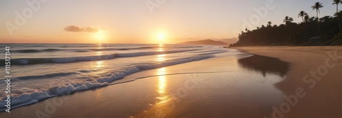 Golden hour light on the beach with waves gently lapping against the shore at Pampatar Beach, golden, brown, purple photo