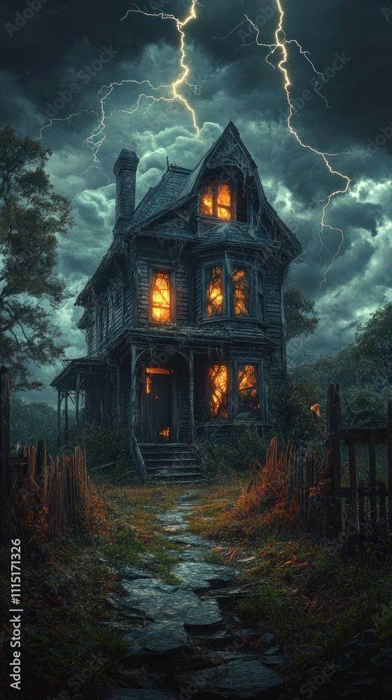 Haunted House Stormy Night Eerie Atmosphere Lightning Haunted House Stormy Night Eerie Atmosphere Lightning
