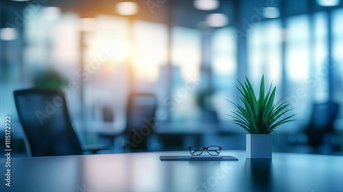 Wallpaper Mural A modern office scene featuring a sleek desk with a plant and glasses, capturing inspiration and calmness in a professional environment. Torontodigital.ca