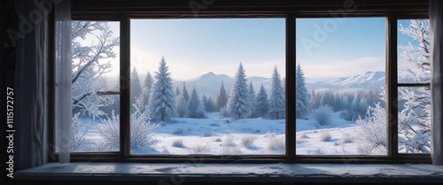 Frosty windows with a winter wonderland scene, Snowflakes, Chilliness, Holiday Magic