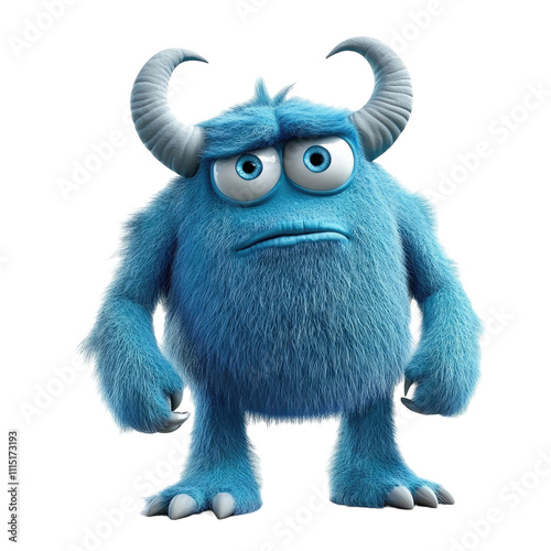 Blue fuzzy cartoon monster with grumpy face and horns on white background.