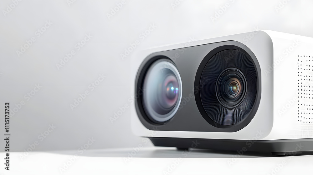 High-quality digital projector with lens close-up on a white background, ideal for business presentations and home theater setups. High-quality digital projector with lens close-up on a white background, ideal for business presentations and home theater setups.