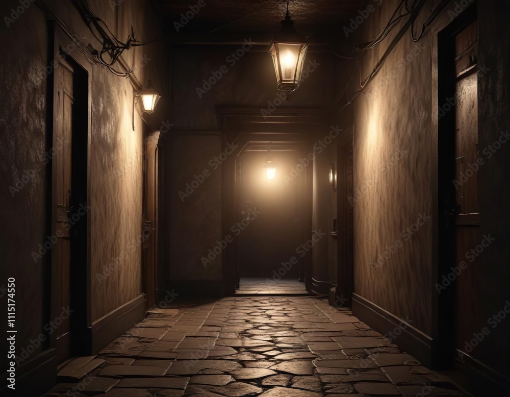 Fototapeta premium Dimly lit passageway entrance with a single flickering lantern light overhead , eerie ambiance , architectural feature, alleyway