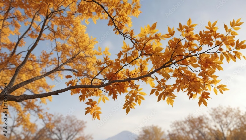 Vibrant orange and yellow autumn leaves clinging to a bare tree branch, leaf retention, deciduous trees Vibrant orange and yellow autumn leaves clinging to a bare tree branch, leaf retention, deciduous trees