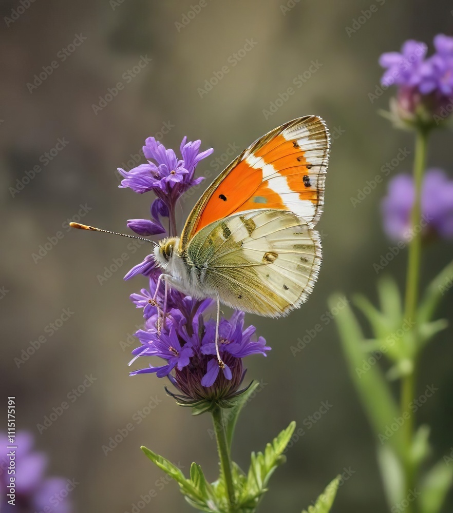 Naklejka premium Image of a single orange tip butterfly perched on a large purple wildflower against a blurred background, wildflowers in summer, background blur, anthocharis cardamines