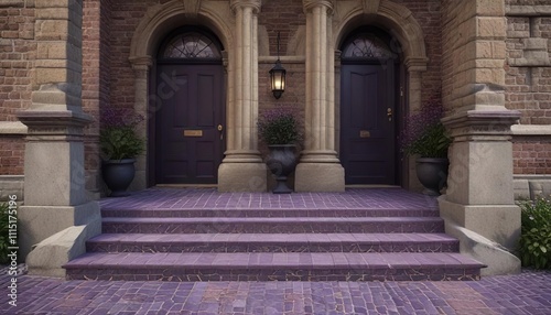 Intricately patterned dark purple brick pavement stones surrounding a grand stone staircase leading up to an elegant entrance doorway , ancient, mansion, grandeur