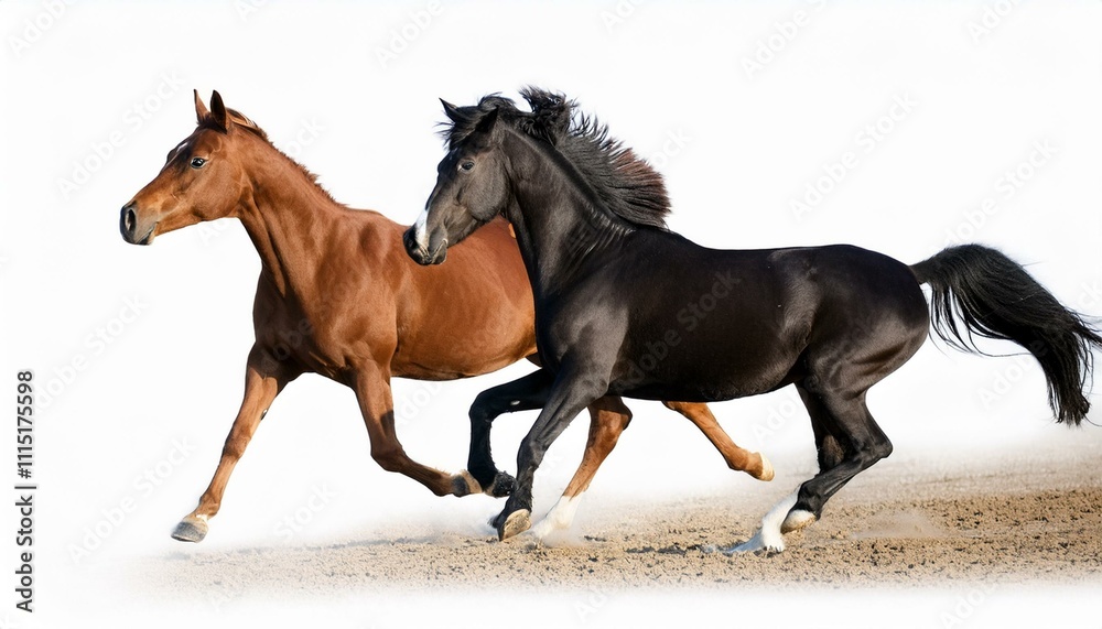 Obraz premium running brown horse and black horse isolated on white background