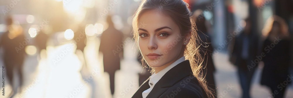 Fototapeta premium Beautiful young woman in a business suit looking at the camera, with a blurred man walking behind her in the background. 