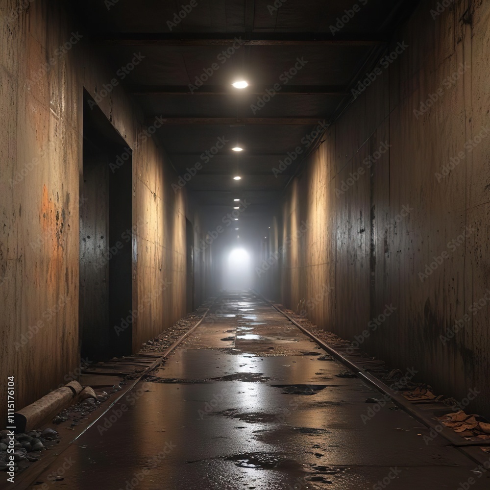 Cold dimly lit tunnel with damp walls and rusty metal beams, concrete, rust, decay Cold dimly lit tunnel with damp walls and rusty metal beams, concrete, rust, decay