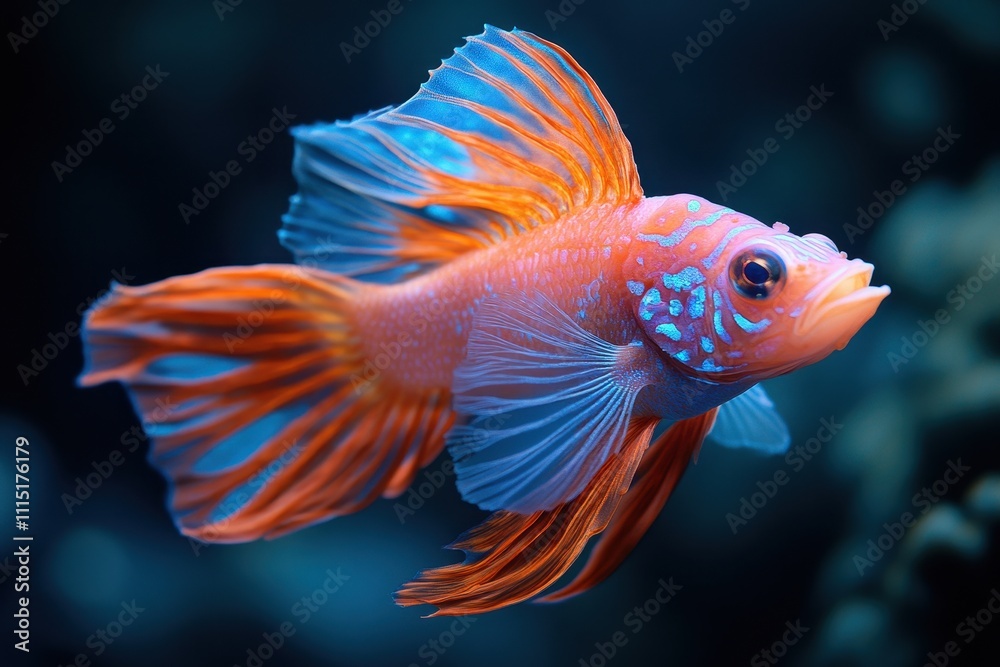 Fototapeta premium Vibrant orange and blue fish with flowing fins, swimming underwater. Ideal for aquarium, pet, or nature themes; evokes beauty and serenity.