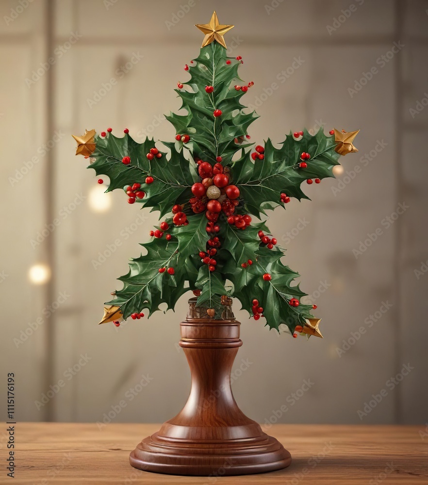 Fototapeta premium Festive holly-patterned Christmas tree topper on a wooden base, festive, branches, winter wonderland