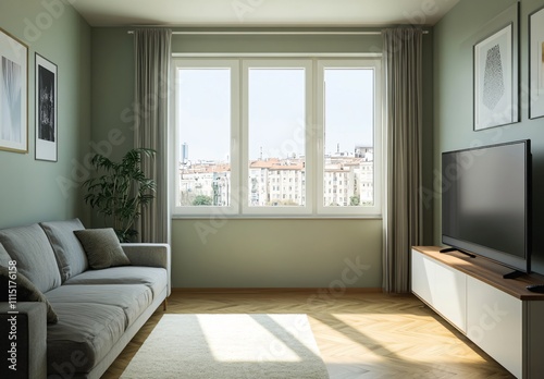 A green-themed living room with a blank decorative frame hanging in the center, creating a serene and minimalist atmosphere, perfect for modern home interior design and decoration.