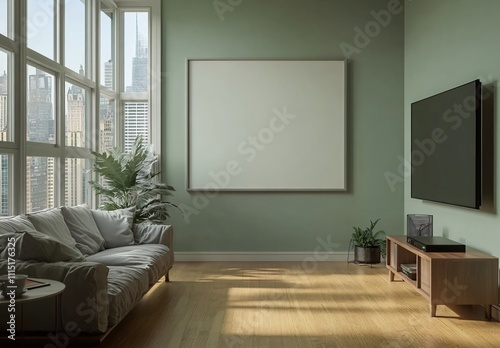 A green-themed living room with a blank decorative frame hanging in the center, creating a serene and minimalist atmosphere, perfect for modern home interior design and decoration.