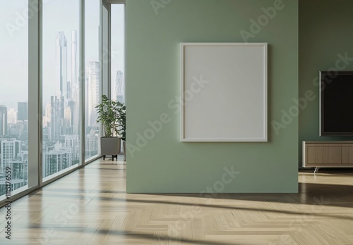 A green-themed living room with a blank decorative frame hanging in the center, creating a serene and minimalist atmosphere, perfect for modern home interior design and decoration.