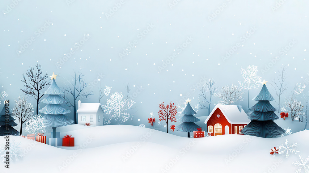Fototapeta premium Snowy winter village scene with red houses, Christmas trees, and falling snow.